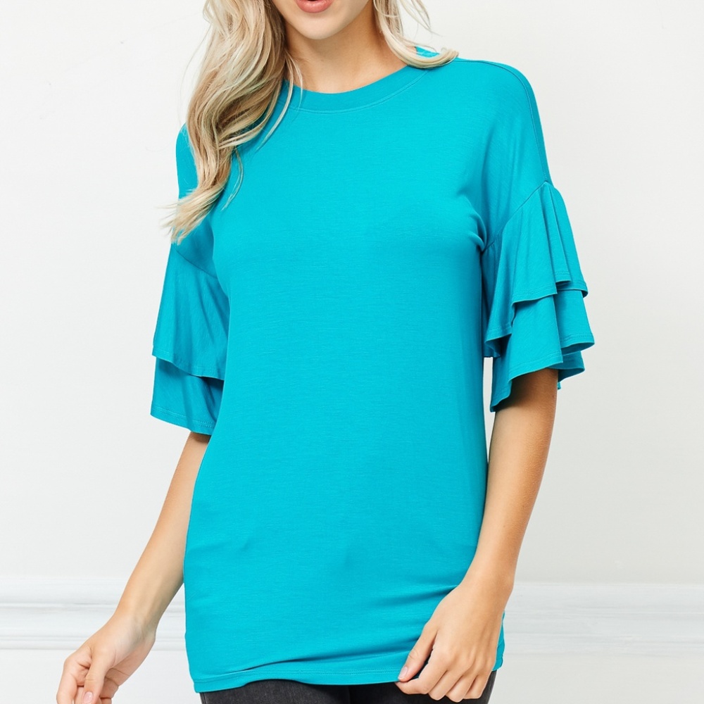 "ROUND NECK RUFFLE SLEEVE TOP" - Picture 3 of 6